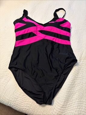 Black One-Piece Swimsuit with Hot Pink Stripes